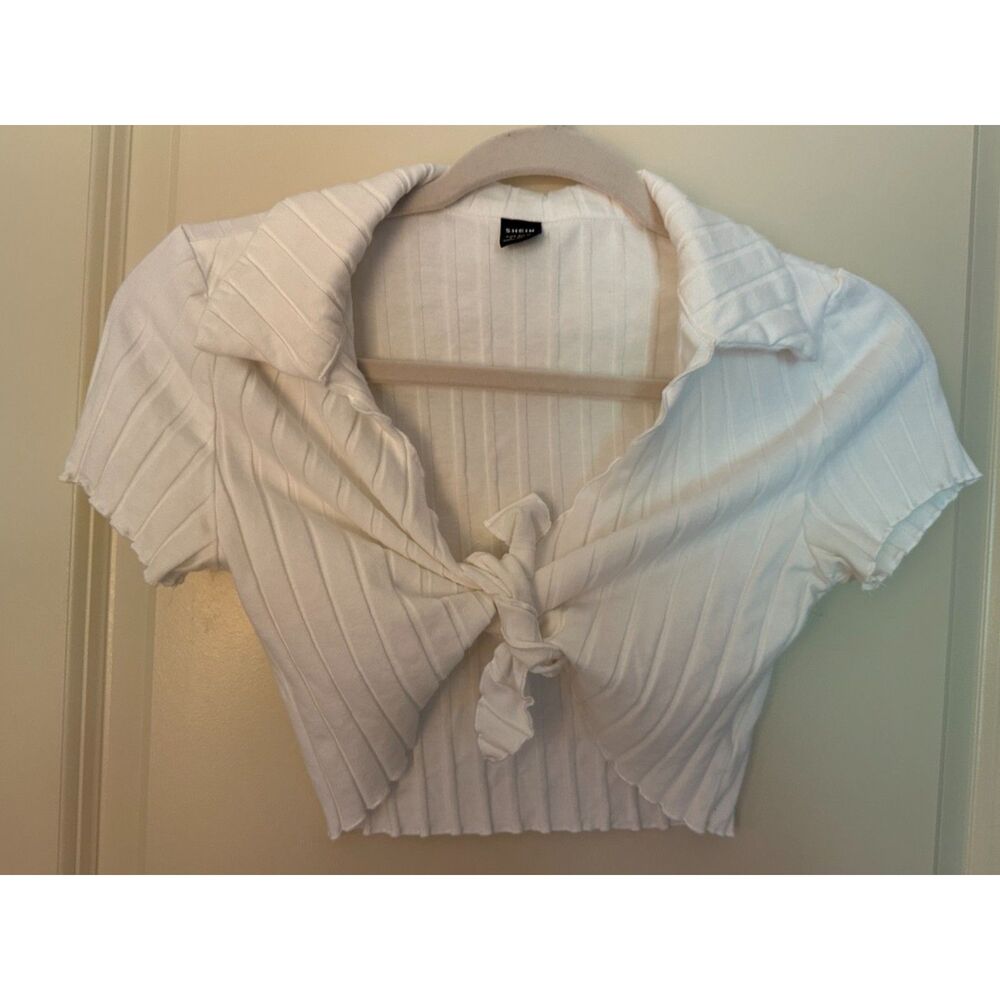 Shein White Cropped Tie Collared Top Women's Sz Small
